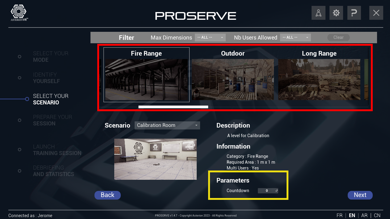 Scenario selection menu
